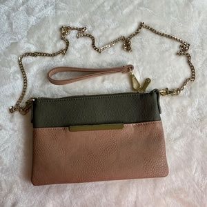Charming Charlie Wristlet Clutch Shoulder Handbag, Olive and Tan